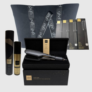 GHD Kit  Piastra  Duet Style Gift Set E  Sleek Talker + Spazzola Ceramica  Size 1-2-3-4 + Lacca  400 Ml+bodyguard  + Borsa