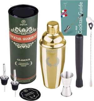 Papuya Shaker Cocktail Set Barman Professionale 750ml Acciaio Inox Completo Kit Accessori PREMIUM ORO