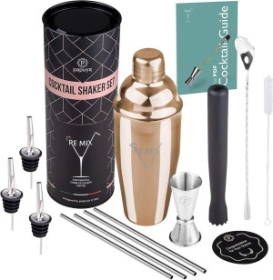 Papuya Shaker Cocktail Set Barman Professionale 750ml Acciaio Inox Completo Kit Accessori RE MIX ORO ROSA