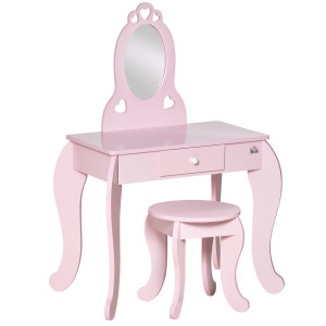Altro Tavolo Trucco Per Bambini Con Sgabello In Legno, Toeletta Con Specchio E Cassetto, 60x36x88cm, Rosa