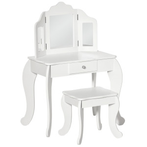 Altro Tavolo Da Trucco Per Bambini Con Sgabello E Triplo Specchio, In Legno E Acrilico, 63x40x85.5 Cm, Bianco
