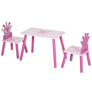 Altro Set Tavolo E 2 Sedie A Tema Principesse Per Cameretta Bambini In Legno Rosa Con Schienale A Forma Di Corona