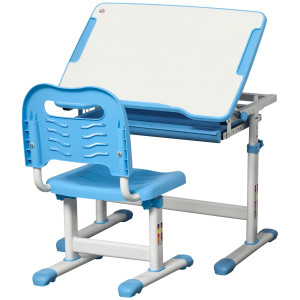 Altro Banco Scuola Per Bambini 6-12 Anni Con Sedia Regolabile, Cassetto E Piano Inclinabile, 66x47x52-77 Cm, Blu