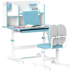 Altro Set Scrivania E Sedia Per Bambini Regolabili, Banco Scuola Con Piano Inclinabile, Cassetto, Scaffale, Blu
