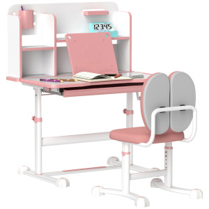 Altro Set Scrivania E Sedia Per Bambini Regolabili, Banco Scuola Con Piano Inclinabile, Cassetto, Scaffale, Rosa
