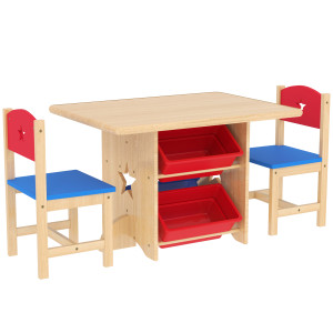 Altro Set Tavolo E Sedie Per Bambini 3-7 Anni Con 2 Sedie E Tavolo Con 4 Contenitori, In Legno E Pp, Color Legno