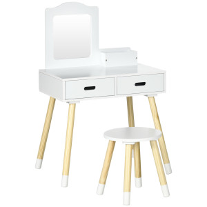 Altro Set Toeletta Per Bambini Con Tavolo Trucco E Sgabello, Specchio E 2 Cassetti, Bianco E Colore Legno