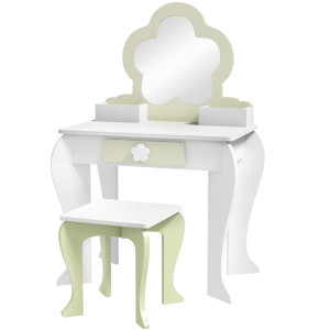 Altro Set Toeletta Per Bambina Con Specchio Trucco E Sgabello Abbinato In Legno, Cassetto E Contenitori, Bianco