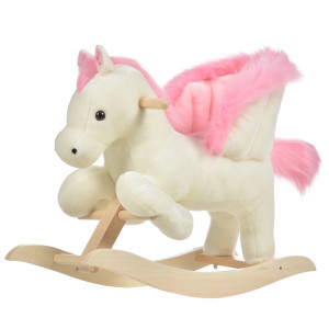Altro Cavallo A Dondolo Bianco E Rosa Con Suoni E Struttura In Legno Di Pioppo Per Bambini 18-36 Mesi, 70x28x57cm