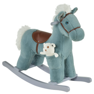 Altro Cavallo A Dondolo Per Bambini In Peluche E Legno Con Suoni E Orsetto Incluso, Per Bimbi Da 18-36 Mesi, 65x26x55cm, Blu