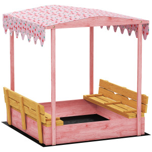 Altro Sabbiera Per Bambini 3-6 Anni Con Tettuccio Fenicotteri, Sedute Pieghevoli, Coperchio E Fodera Inclusa, Sabbionaia Per Bambini In Legno Di