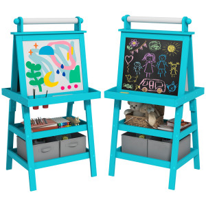 Altro Lavagna Per Bambini Con Cavalletto 3 In 1, Rotolo Di Carta E 2 Contenitori, In Legno, 59x48x118 Cm, Blu