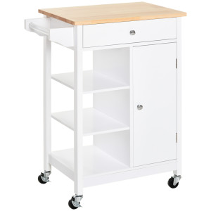Altro Carrello Da Cucina Salvaspazio In Mdf Con Piano Di Lavoro In Legno Di Gomma, Cassetto, Armadietto, 3 Mensole, Ripiani Regolabili, Porta