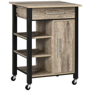 Altro Carrello Da Cucina Portavivande Con Cassetto, Mensole, Armadietto E 4 Ruote, Legno Truciolare, 60x50x84.5cm, Quercia