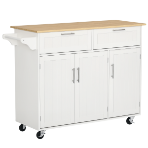 Altro Carrello Da Cucina Multiuso In Legno Con 2 Cassetti, 3 Antine E 4 Ruote 121x46x91cm Bianco