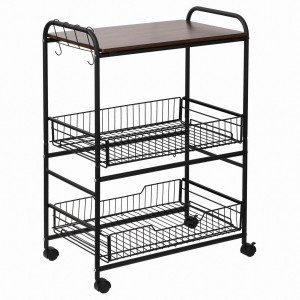 Altro Carrello Da Cucina Portavivande Stile Industriale Con 4 Ruote, 2 Cestini E 4 Ganci, 60x38x85.5cm, Marrone Nero