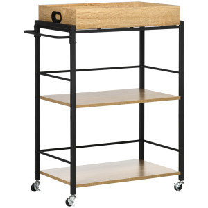 Altro Carrello Da Cucina A 3 Ripiani Con Vassoio Rimovibile E Ruote Girevoli, 72x40x94cm, Legno E Nero