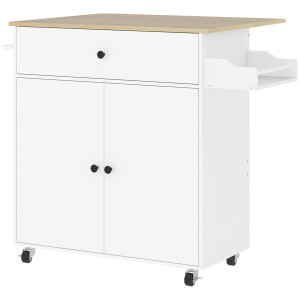 Altro Isola Per Cucina Con Cassetto, Armadietto, Portaspezie E Portasciugamani, 106x42x87 Cm, Bianco E Rovere