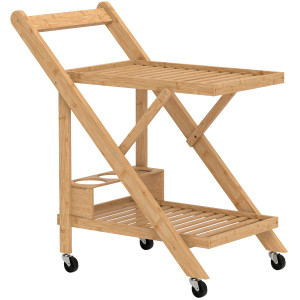 Altro Carrello Da Cucina Portavivande Pieghevole A 2 Livelli Con Portabottiglie In Legno Di Bambù