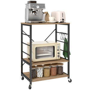 Altro Scaffale Da Cucina A 3 Livelli Stile Industriale Con Ruote E 4 Ganci, Struttura In Acciaio, 60x40x84 Cm, Teak