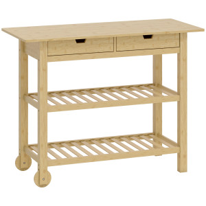 Altro Carrello Cucina In Legno Di Bambù Con 2 Cassetti, 2 Ripiani A Doghe E 2 Rotelle, 100x43x75 Cm, Legno