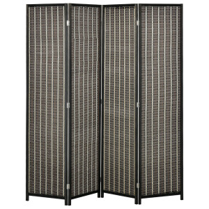 Altro Paravento Da Interno A 4 Ante In Legno E Bambù, Separé Divisorio Pieghevole Salvaspazio Altezza 180cm Stile Boho, Nero E Marrone