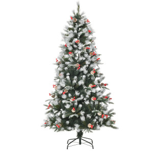 Altro Albero Di Natale Innevato 180cm Con Bacche Rosse E Pigne Bianche, Base Rimovibile Pieghevole, 678 Rami, Verde