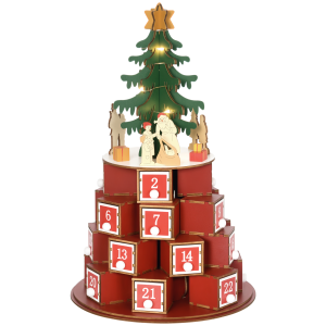 Altro Calendario Avvento Di Natale A Cono Con Motivi A Tema E 10 Luci A Led, 22x22x35 Cm, In Compensato, Rosso Verde E Giallo