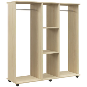 Altro Armadio Guardaroba A Rotelle Con 2 Barre E 3 Ripiani Aperti, In Legno E Alluminio, 120x40x128 Cm, Color Legno