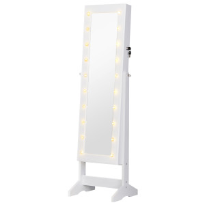 Altro Armadio Portagioielli Portagioie Specchio Regolabile 20 Luci Led, Legno, Bianco, 40x37x146 cm