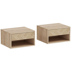 Altro Set Di 2 Comodini Sospesi Moderni Con Cassetto E Vano Aperto, 37x32x21 Cm, Legno Naturale