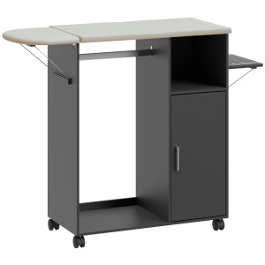 Altro Mobile Asse Da Stiro Con Piano D'appoggio Effetto Lino, 3 Ripiani A Cubo E Guida, 127x42.5x99 Cm, Nero