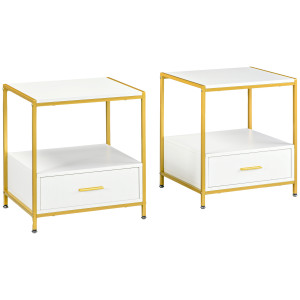 Altro Set Di 2 Comodini Moderni Con Cassetto E Ripiano Aperto, 50x40x55cm, Bianco E Oro