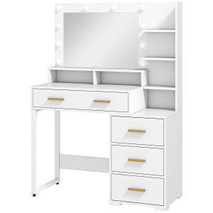 Altro Tavolo Da Trucco In Legno Con 4 Cassetti, 6 Ripiani Aperti E Specchio, 100x40x138 Cm, Bianco