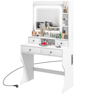 Altro Toeletta Trucco Con Luci Led 3 Tonalità E Specchio, Prese Usb, 4 Cassetti E Mensole, 90x45x160cm, Bianco