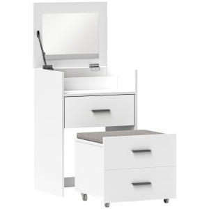 Altro Tavolo Da Trucco In Legno Con Specchio Ribaltabile, 2 Cassetti E Sgabello, 50x40x113.5 Cm, Bianco