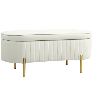 Altro Panca Contenitore Ovale Da 72l Con Coperchio Sollevabile, In Tessuto Vellutato E Legno, 108x44x43.5 Cm, Crema