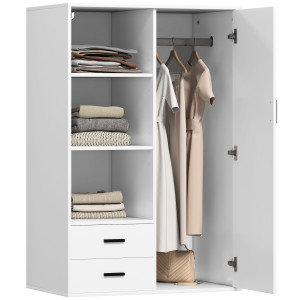 Altro Armadio Moderno Con 2 Cassetti, Ripiani Aperti E Vano Appendiabiti, 80x50x124 Cm, Bianco