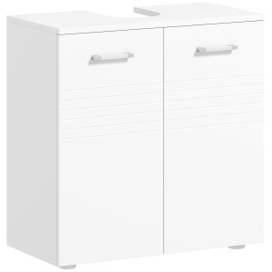 Altro Mobile Sottolavabo Per Bagno A 2 Ante, Armadietto Salvaspazio Per Lavandino In Legno Con Mensola Regolabile, Bianco Lucido
