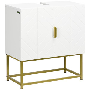 Altro Mobile Bagno Sottolavabo Con Armadietto 2 Ante In Legno E Acciaio, 60x30x65cm, Bianco E Oro