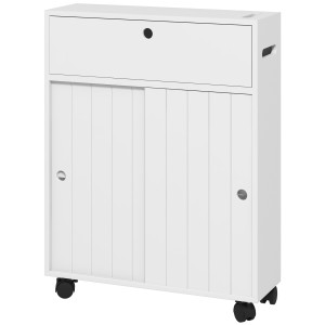 Altro Mobile Bagno Stretto Con Ruote, Ante Scorrevoli, Ripiani Regolabili E 2 Fori Per Carta Igienica, Bianco
