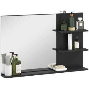 Altro Specchio Bagno Moderno Con 2 Ripiani Laterali E Ripiano Inferiore, In Legno E Vetro, 75x10x48 Cm, Nero