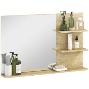 Altro Specchio Bagno Moderno Con 2 Ripiani Laterali E Ripiano Inferiore, In Legno E Vetro, 75x10x48 Cm, Color Legno