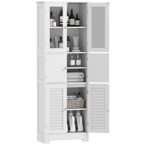 Altro Mobile Colonna Bagno Con 3 Armadietti E Ante In Vetro E A Persiana, 60x30x170.5cm, Bianco