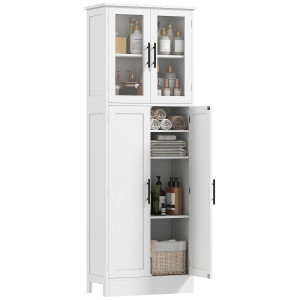 Altro Mobile Bagno Alto Con Ripiani Regolabili, Ante In Vetro E Legno, 60x30x170 Cm, Bianco