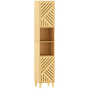 Altro Mobile Colonna Bagno Con 2 Armadietti E 2 Ripiani Con Scaffale Regolabile, In Bambù E Truciolato, 32x30x170 cm