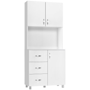 Altro Credenza Da Cucina E Soggiorno, Credenza Moderna In Legno Bianco, 2 Armadietti, Mensole Regolabili, 1 Ripiano Aperto E 3 Cassetti,