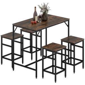 Altro Set 5 Pezzi Tavolo Alto Sgabelli Stile Industriale, In Metallo E Legno, Per Soggiorno E Cucina, Marrone Rustico