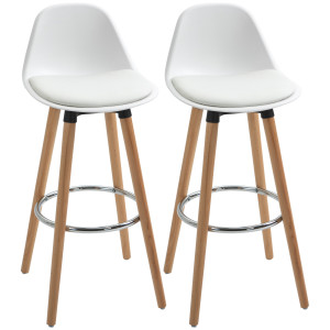Altro Set 2 Sgabelli Alti Da Bar Stile Nordico Con Schienale, Cuscino E Poggiapiedi In Acciaio, Struttura In Legno, Bianco § Italy