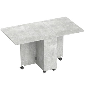 Altro Tavolo Da Pranzo Pieghevole A Ruote Con 2 Cassetti, 2 Ante E Armadietto, In Legno, 140x76x74 Cm, Grigio Cemento